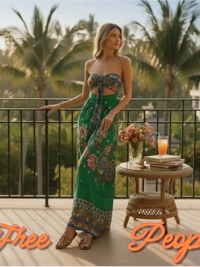 Free People Green Floral Strapless Tie-Front Maxi Jumpsuit
